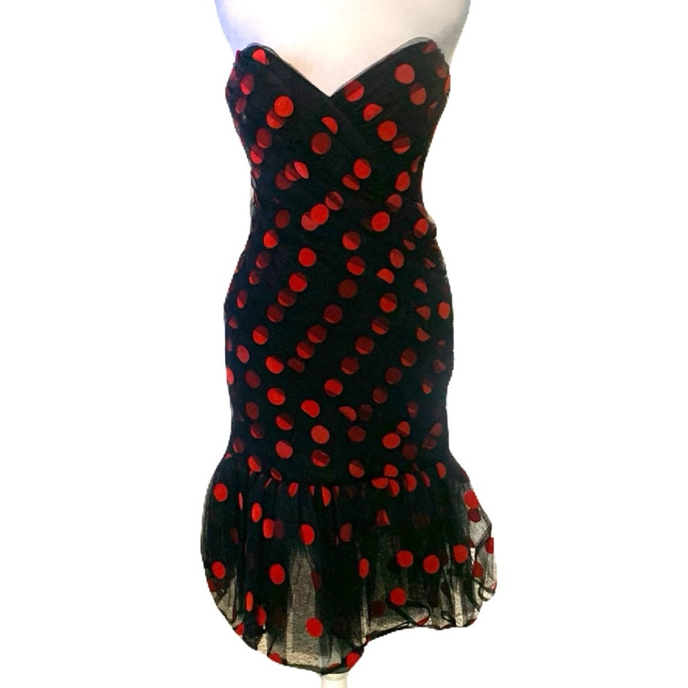 Vintage 80/90s Tadashi Shoji 6 Black Tulle Strapless Dress Red Velvet Polka Dots